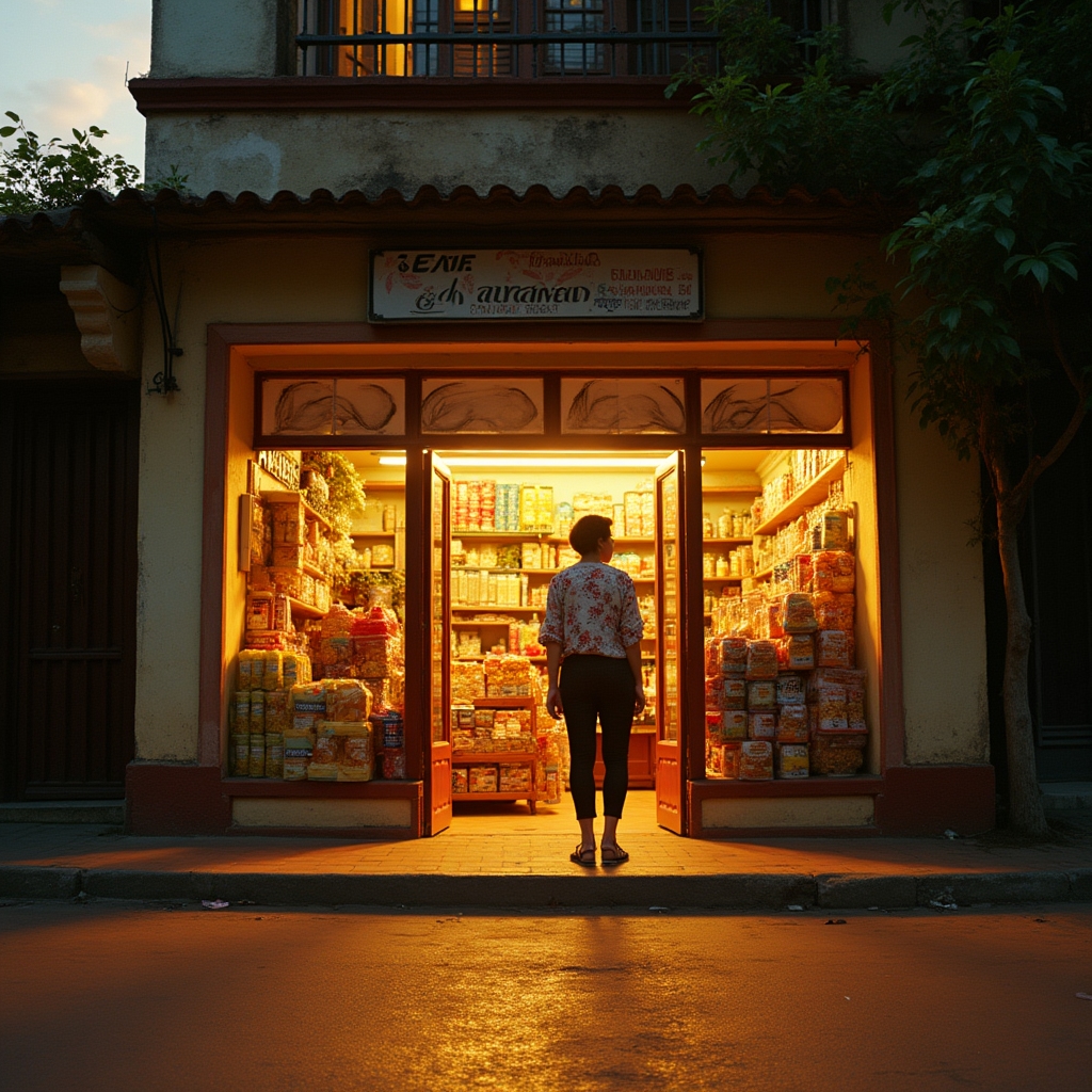 Neighborhood store exterior in Paraguay at golden hour