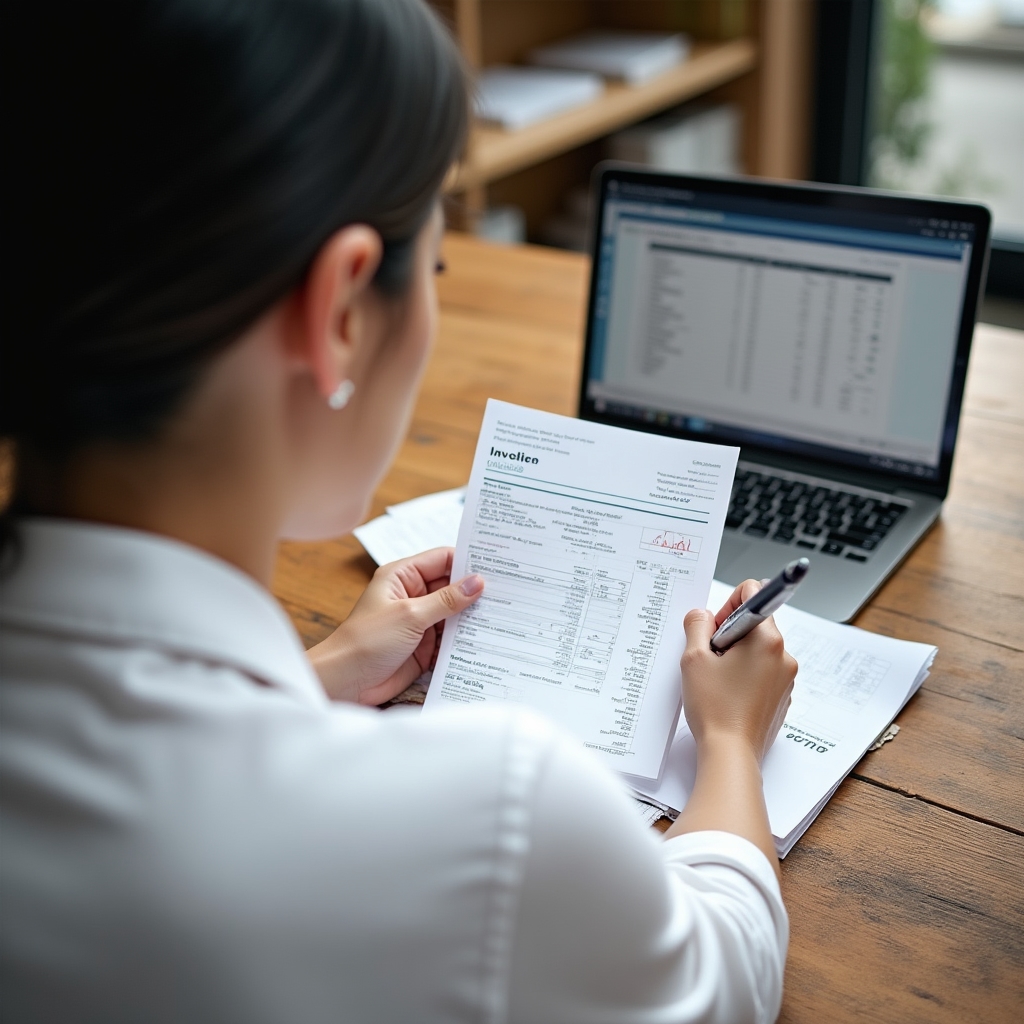 Consultant reviewing invoices and receipts at a store counter