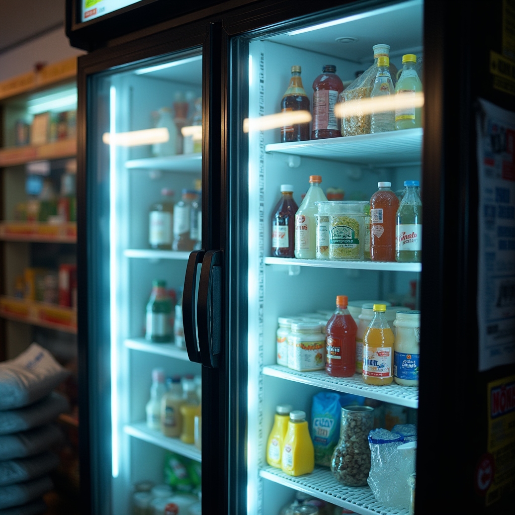 Minimarket refrigeration section with cold beverages